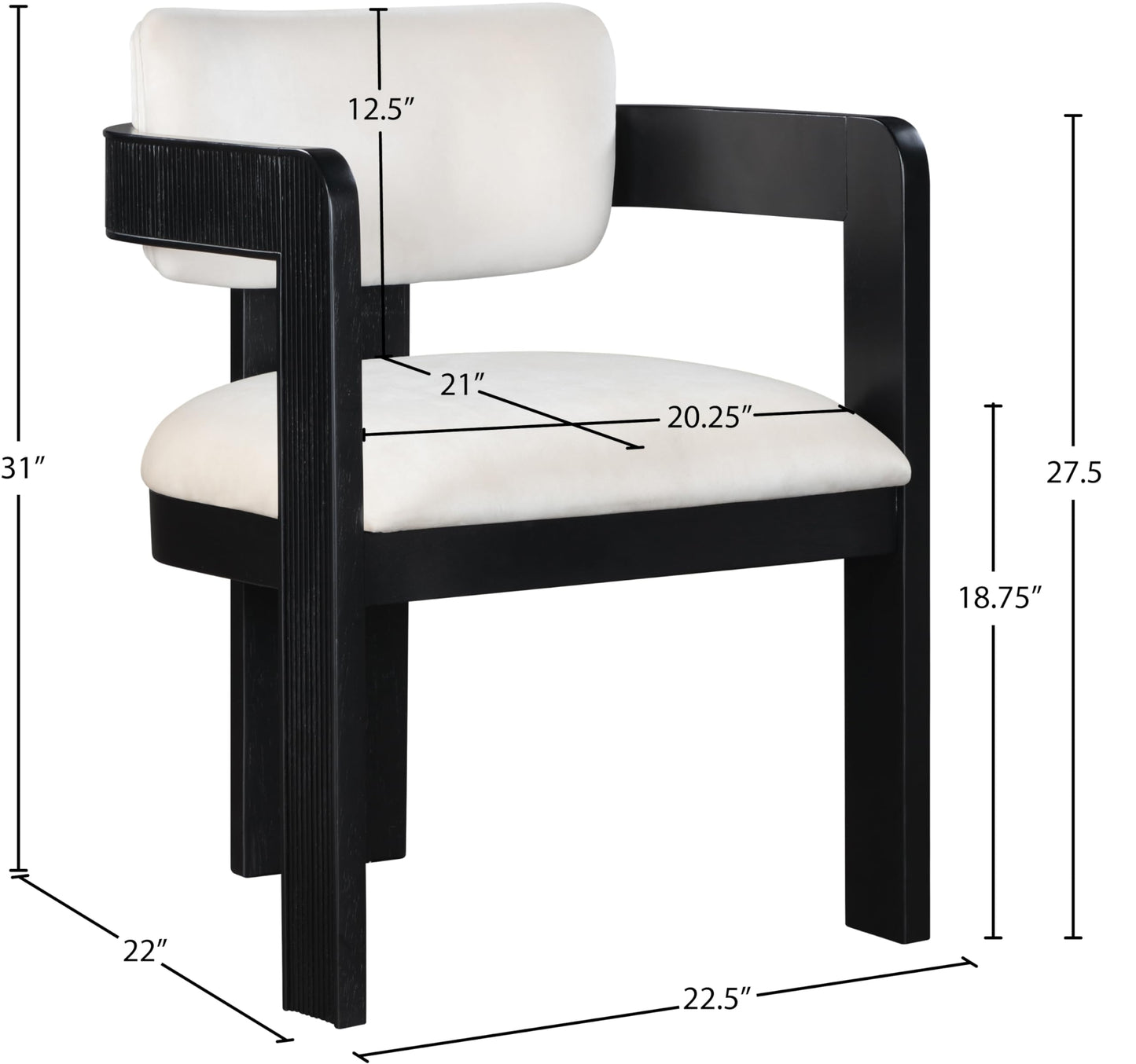 Meridian Furniture 11095Cream-C Sacha Collection Art Deco Dining Chair, Ultra Luxe Cream Velvet, 460 GSM Velvet, Solid Fluted Wood Black Finish, 22.5" W x 22" D x 31" H, Cream, Set of 2