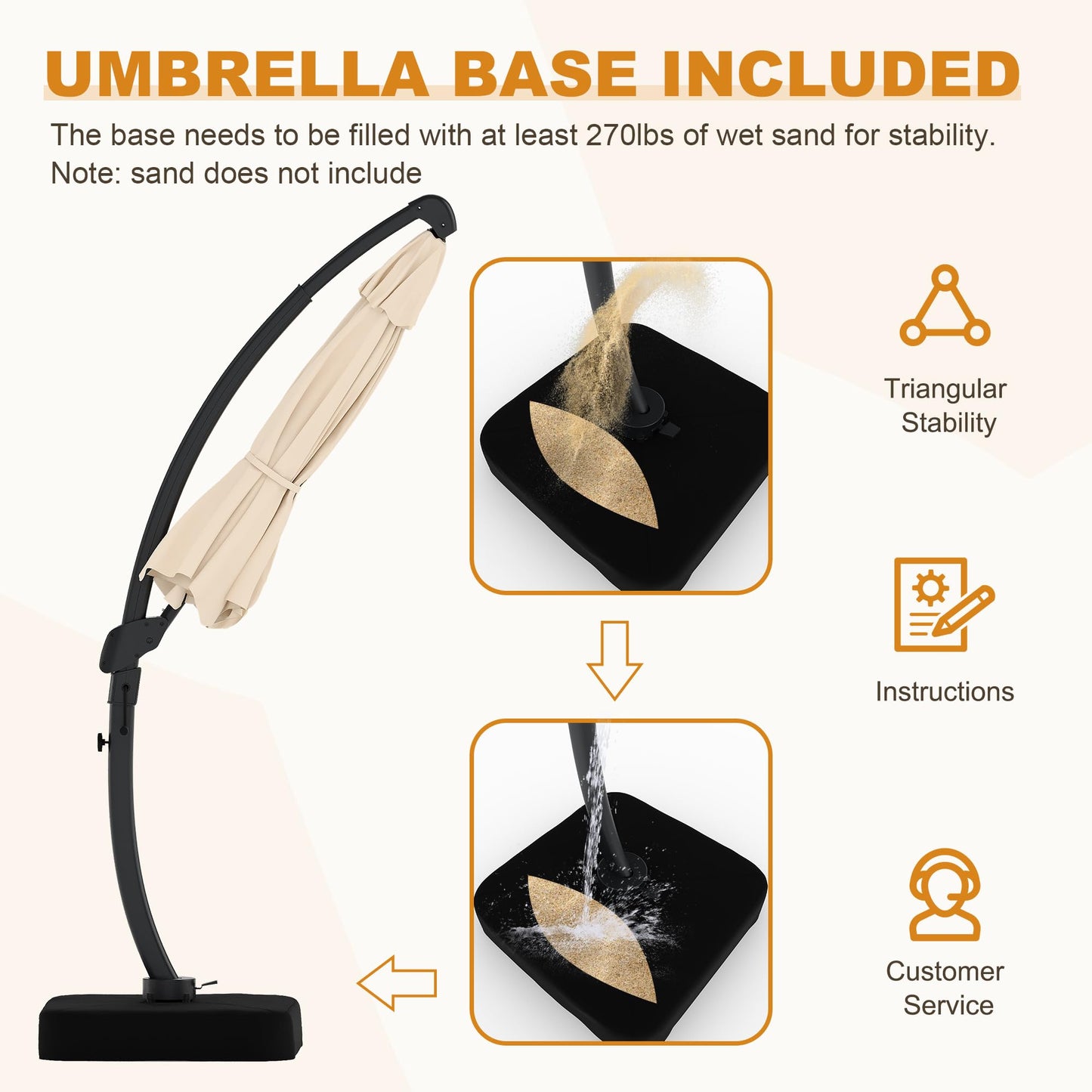 GarveeLife 11FT Cantilever Patio Umbrella With Base Included, Cantilevers Outdoor Umbrella Heavy Duty Offset, Aluminium Curved Cantilever Umbrella
