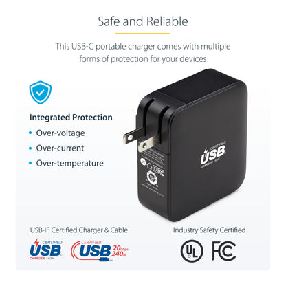 StarTech.com 140W USB-C Wall Charger, USB-IF Certified, Single USB-C, PD 3.1 Portable GaN Charging, Power Adapter for MacBook M3 Pro/Max, Dell XPS/Inspiron/Precision