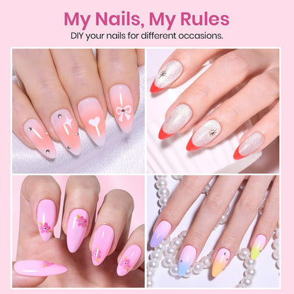 Beetles Gel Nail Kit Short Almond with Nail Dehydrator and Primer, 576Pcs Half Matte Etch-X Gel Nail Tips Solid Nail Glue Mini Nail Lamp Acrylic Nail Tips Easy DIY Nail Extension Set Gift for Women