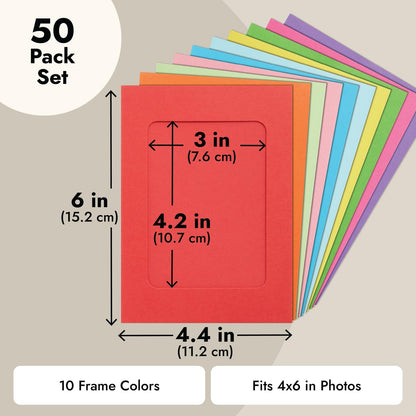 Juvale Paper Picture Frames - Hanging Photo Display - DIY Craft Projects & Craft Frames - Easy Install with Photo Hanging Clips String - 10 Colors, Pack of 50, Fits 4x6 Prints