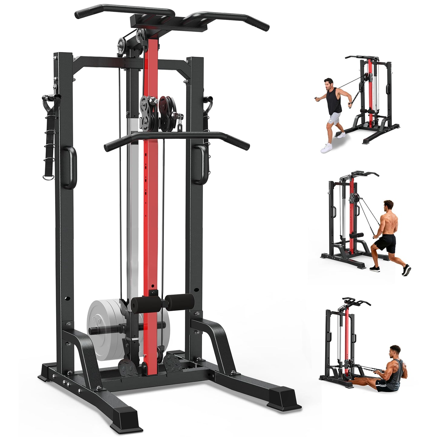 Pull Up Bar Power Tower Dip Station,Cable Machine-Integrated 450LBS Multi-Function Adjustable Height Fitness Strength Training Equipment for Home Gym Strength Training Equipment (Black Plus)