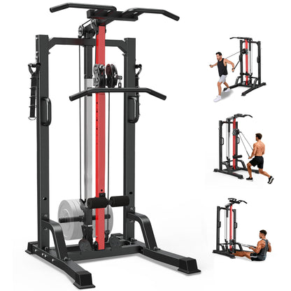 Pull Up Bar Power Tower Dip Station,Cable Machine-Integrated 450LBS Multi-Function Adjustable Height Fitness Strength Training Equipment for Home Gym Strength Training Equipment (Black Plus)