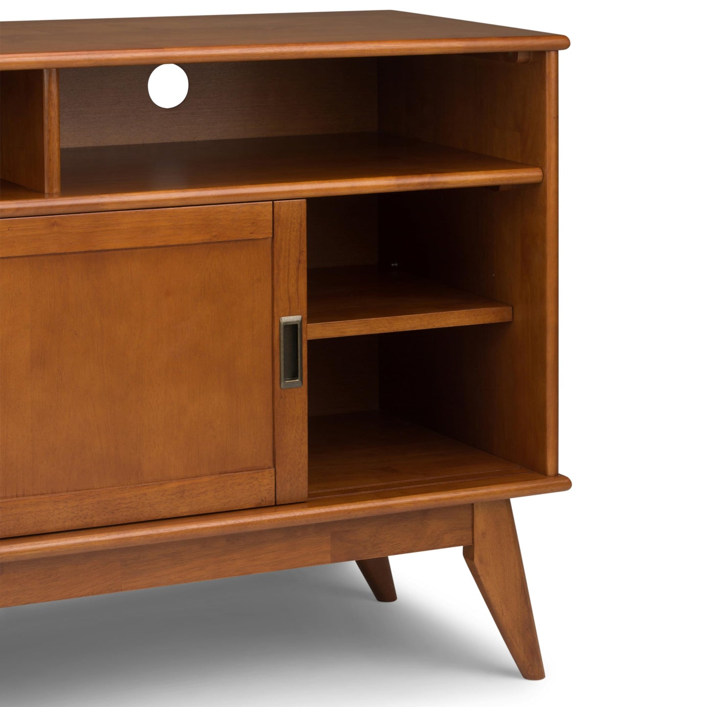 SIMPLIHOME Draper TV Stand - 54 inch Wide Solid Wood Tall Media Console in Teak Brown, Mid Century Modern Entertainment Center for Living Room for TVs up to 60 Inches with Shelves and Cable Management