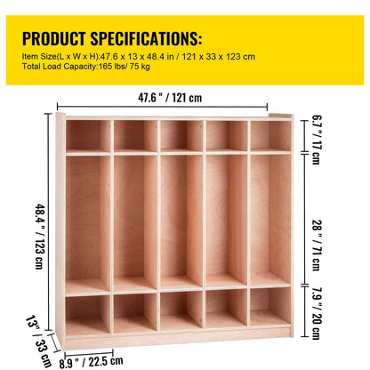 VEVOR Wooden Storage Cabinet, 5-Section Storage Locker with 10 Cubbies Shelf, Multi-Compartment Cubby Shelf with 5 Hooks for School, Classroom, Daycare, Home and Preschool