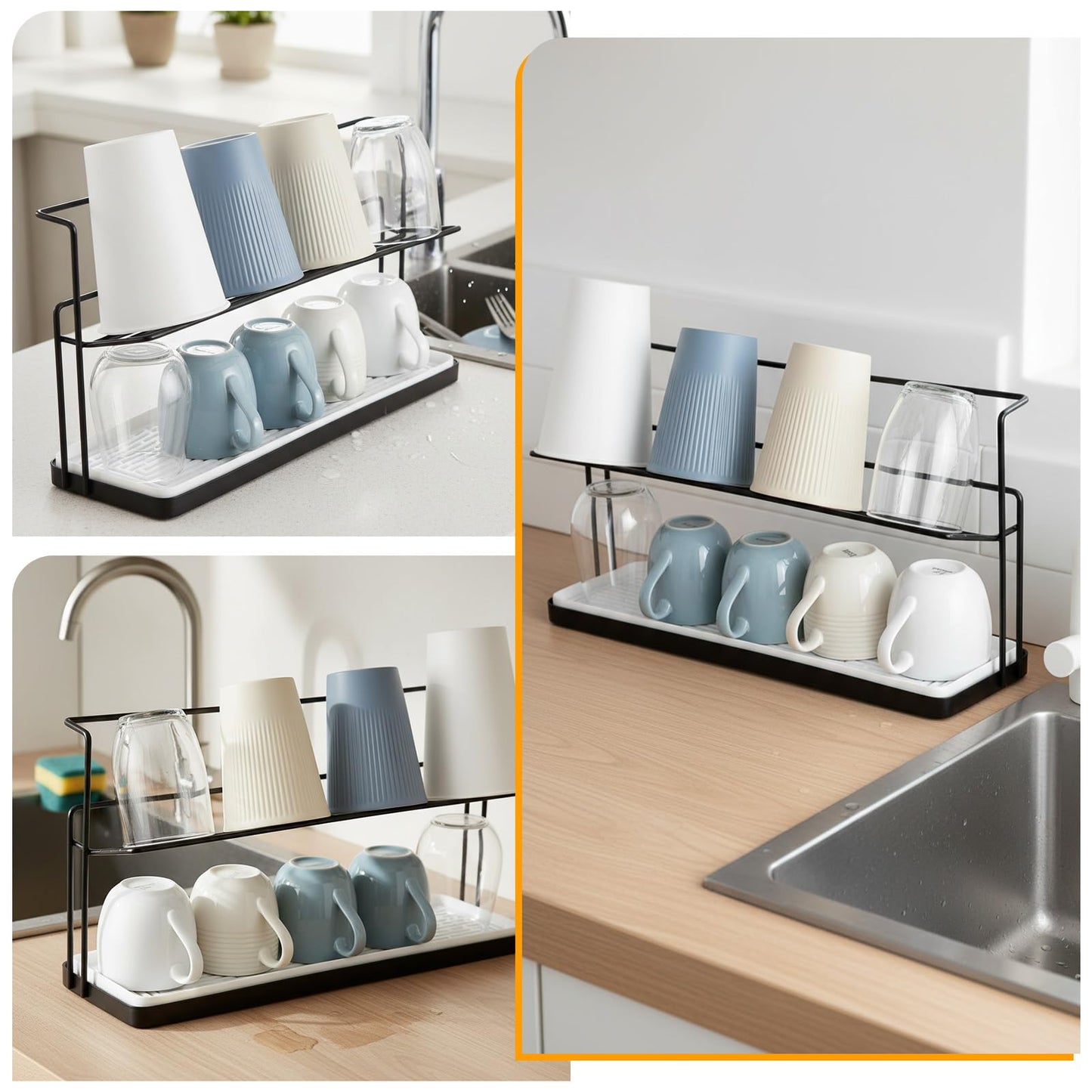 2-Tier Bottle Drying Rack Cup Cradle Storage with Drain Removable Tray Mug Organizer, Over Sink Instant Dry Small Dish Dryer for Kitchen Countertop Water Bottles and Tumblers,Coffee Mugs, Glasses,