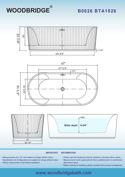 WOODBRIDGE 67" L x 31-1/2" W Freestanding Contemporary Soaking Bathtub with Matte Black Pop-Up Drain Drain and Overflow Option, White, BTA1526/B0026+MB-Drain &O