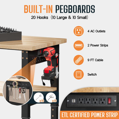 SPECRAFT 84"x24" 2-Tier Adjustable Workbench with 4 AC Outlet and 2 USB Ports Power Outlets, 6000 Lbs Capacity Heavy Duty Workbench, Rubber Wood Top for Garage, Workshop, Office