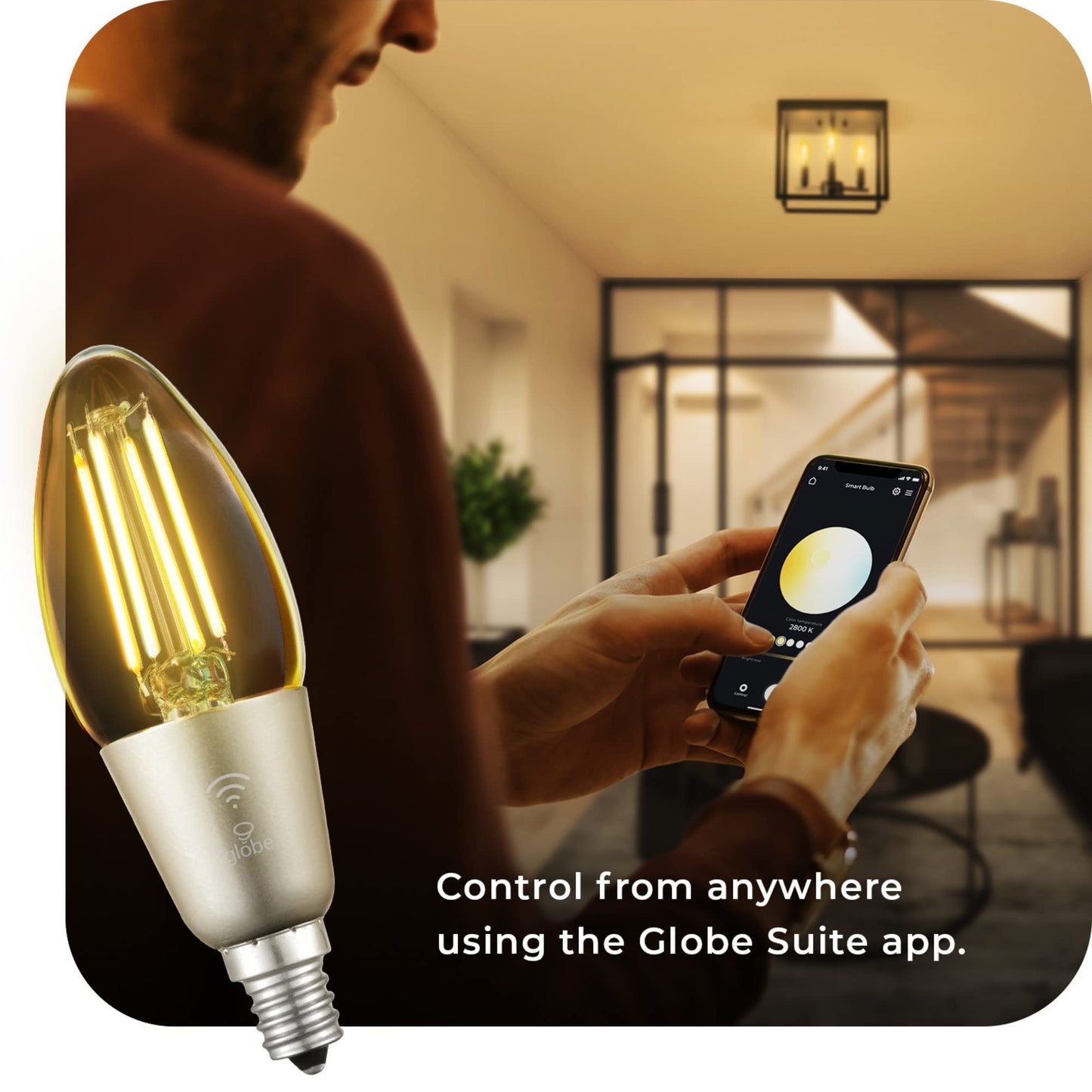 GLOBE Electric 34919 Wi-Fi Smart 5.5W (60W Equivalent) Straight Filament Tunable White Amber Glass LED Light Bulb, No Hub Required, Voice Activated, 2000K - 5000K, Vintage Edison Style, 500 Lumns