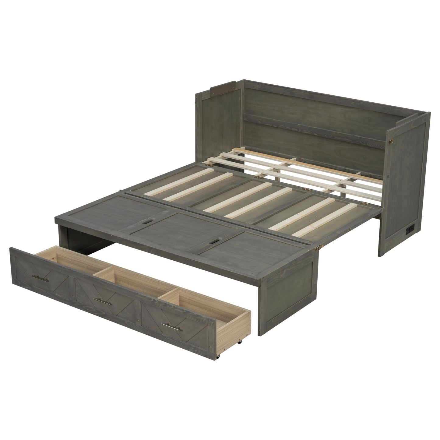 DNYN Queen Size Murphy Bed with Storage Drawer and Built-in Charging Station for Bedroom/Guest Room, Space-Saving Foldable Pine Wood Cabinet Bed with USB Ports, No Box Spring Needed