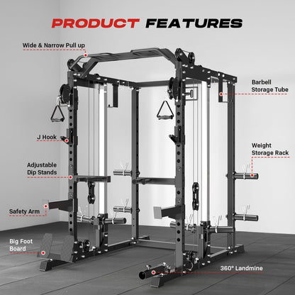 Roygym 2000LBS Power Cage, Power Rack with Cable Crossover System, All-in-One Squat Rack with Dual Independent Pulley System for Home Gym, Black
