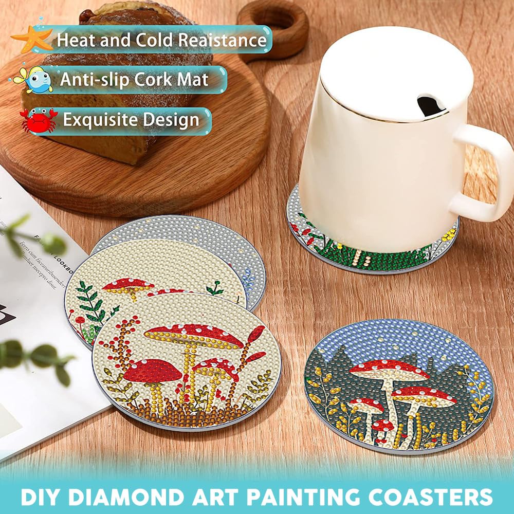 PERFECTSIGHT 8 Pcs DIY Diamond Art Painting Coasters with Holder, Cute Diamond Paint Coaster Kits for Adults, Kawaii Full Drill Diamond Art Craft Paint by Number Non Slip Coaster - Beige Mushroom
