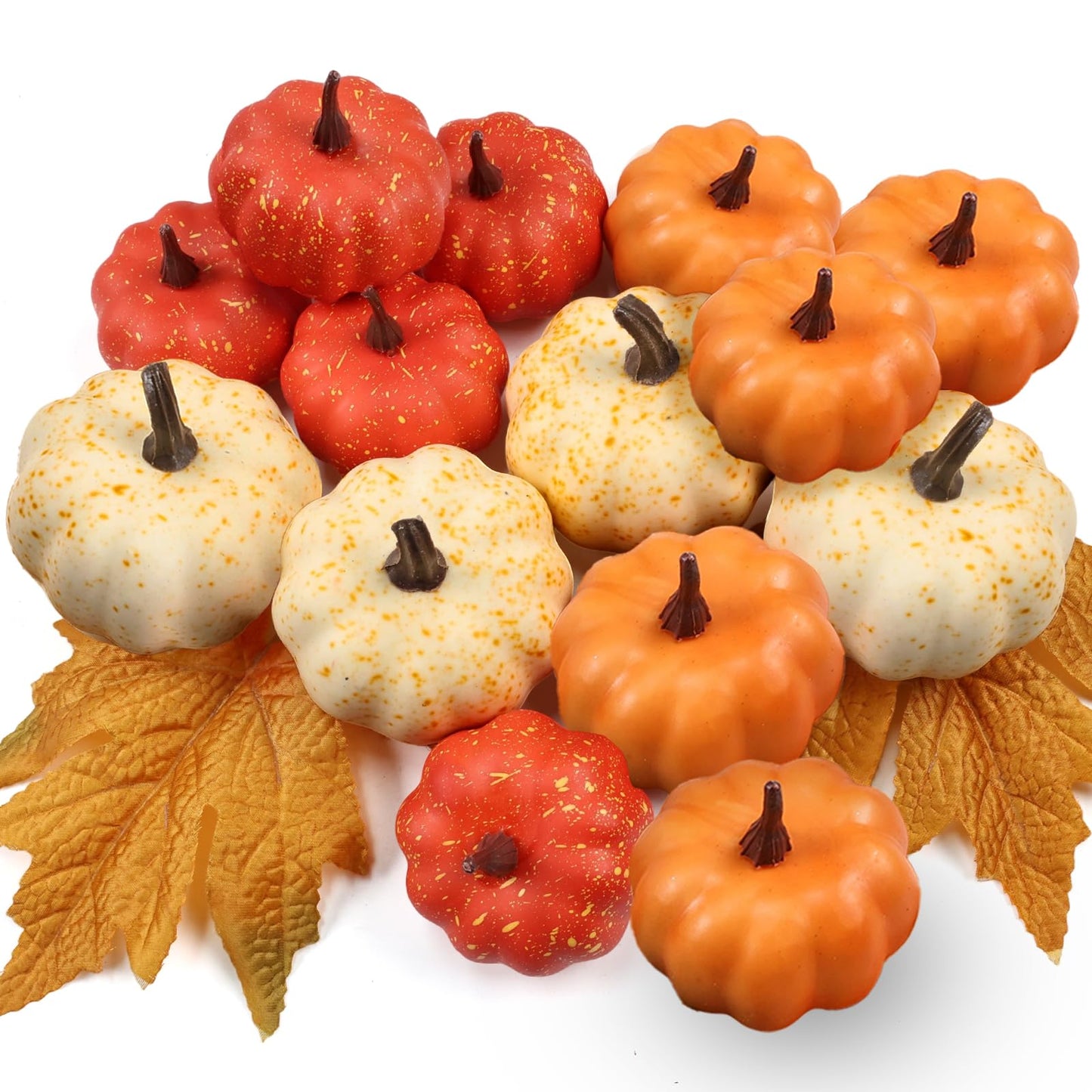 LZNPA 16PCS Artificial Mini Fake Pumpkins Set with Fall Leaves，Foam Plastic Carvable DIY Small White Craft Pumpkins Decor for Thanksgiving Halloween Home Fall Porch Table Decor