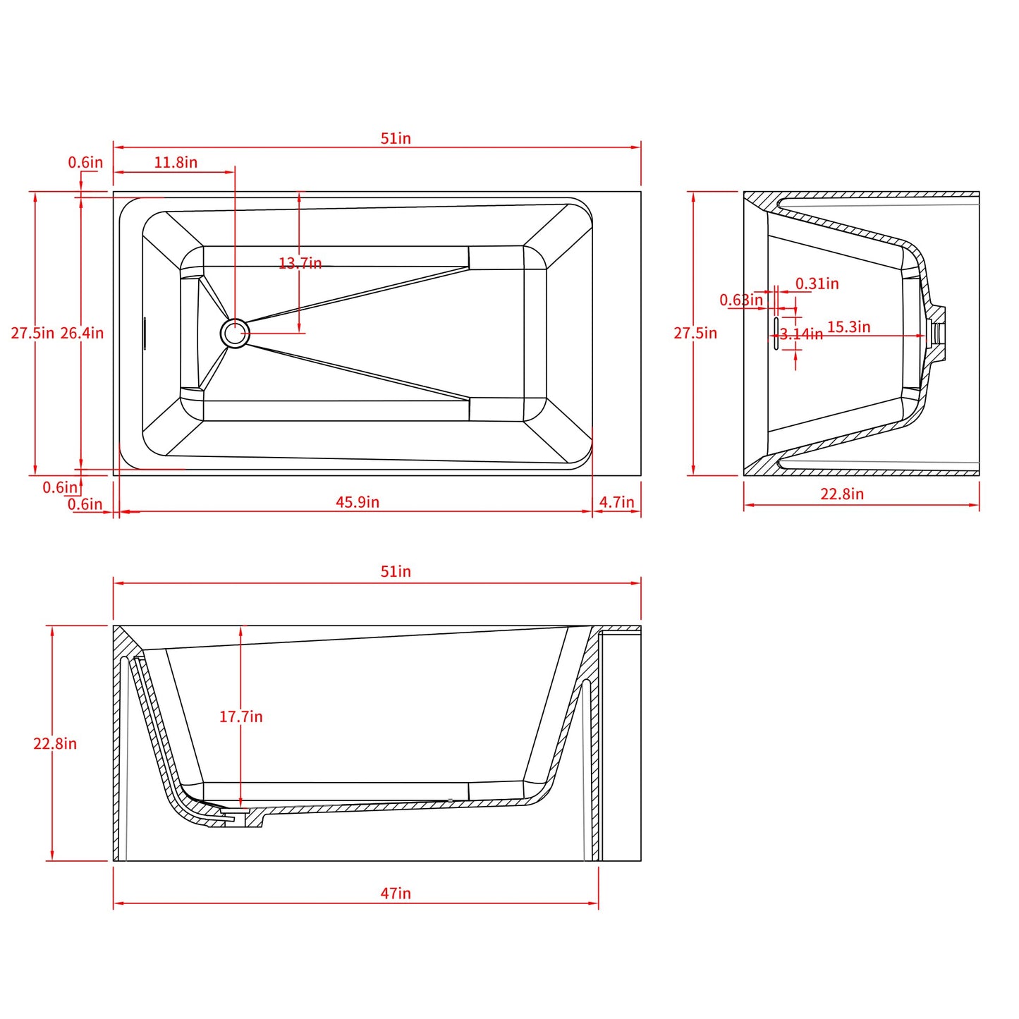 GDFStudio 51" Solid Surface Freestanding Bathtub, Matte White Resin Stone Soaking Tub with Overflow and Pop-Up Drain, Anti-Slip Stand Alone Deep Soaker Tub for Modern Bathroom Spa Relaxation