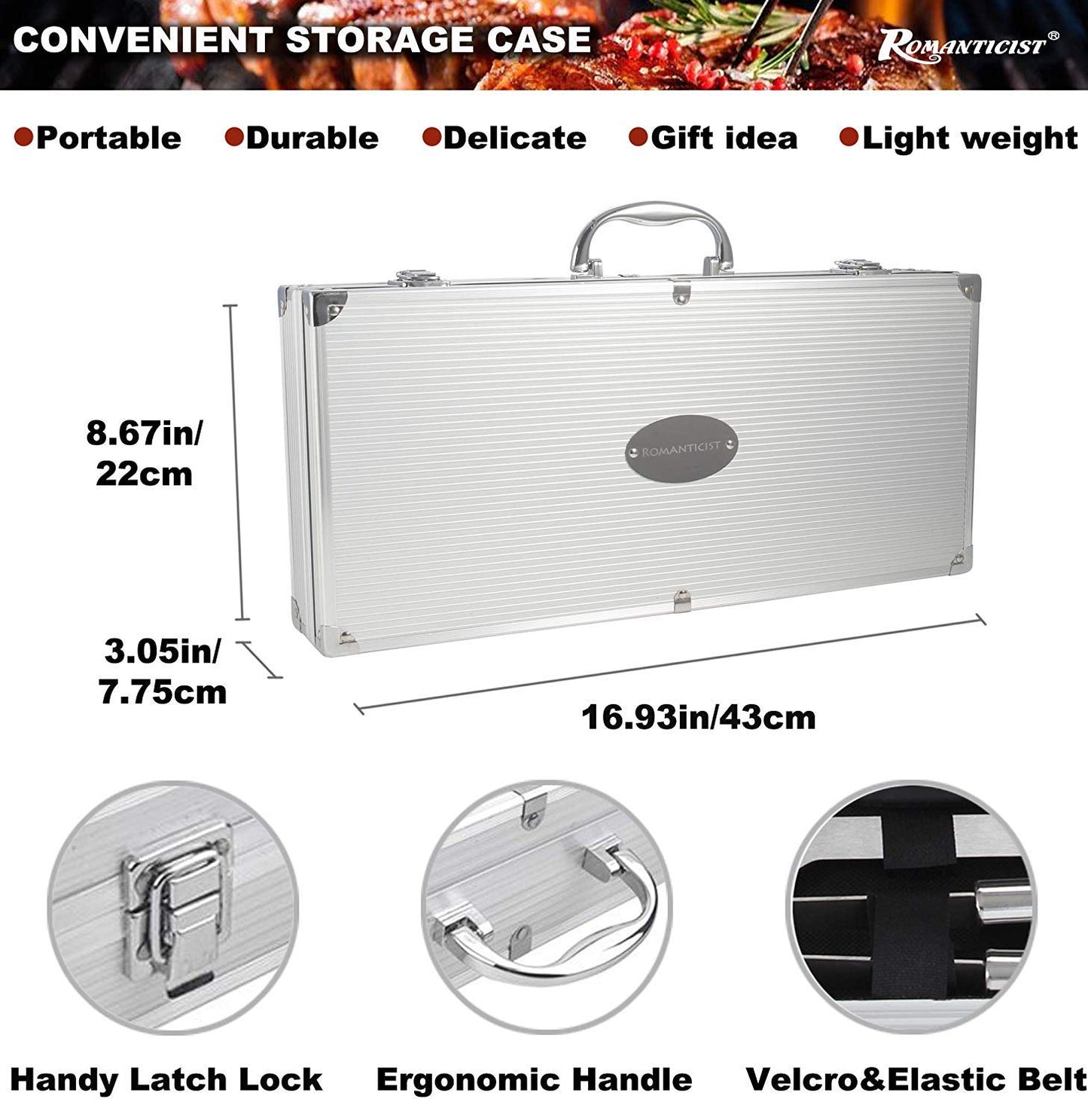 ROMANTICIST 28pcs BBQ Accessories Set with Thermometer - The Very Best Grill Gift on Birthday Wedding - Heavy Duty Stainless Steel Grill Set in Case for Outdoor Cooking Camping Grilling Smoking