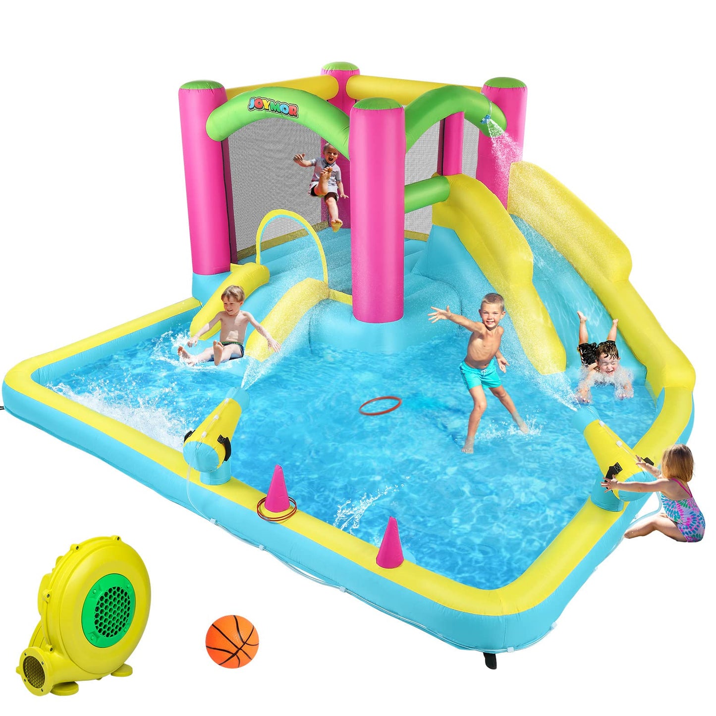 JOYMOR Inflatable Bounce House with Double Water Slide for Kids Toddler Age 3-10, Splash Pool Water Cannons, Ring-Toss Games for Outdoor Backyard Fun Water Toys, Indoor Bouncy Castle with Air Blower
