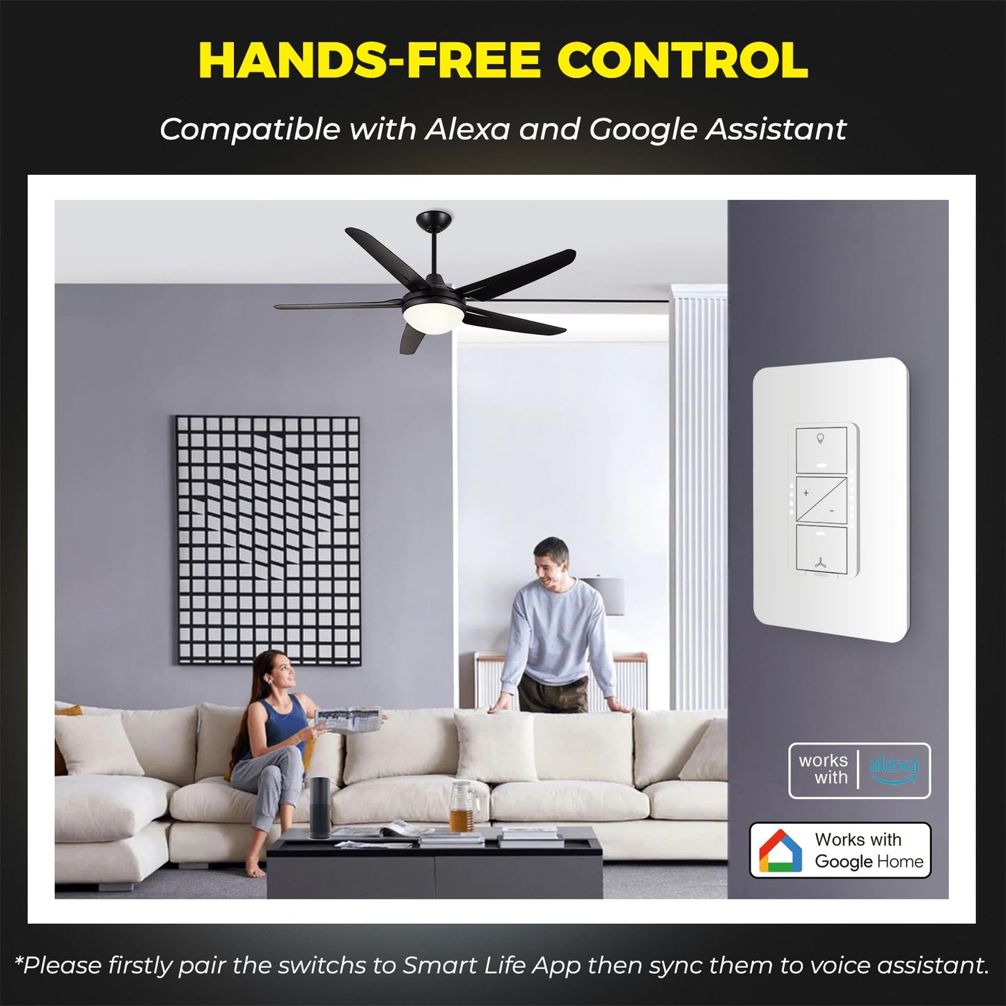 Smart Ceiling Fan Control and Light Dimmer Switch, Compatible with Alexa/Google Assistant/Smart Life, Neutral Wire Required, Single Pole Fan Light Switch, 2.4G Wi-Fi only, Timer, No Hub Required, 2PCS