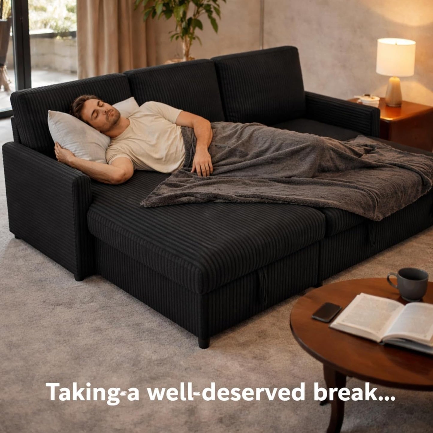 Shintenchi Futon Sofa Bed Convertible Couches L Shaped, 4‑in‑1 Sectional Sleeper Sofa Pull Out Couches for Living Room, Multifunctional Couch with Storage Chaise Corduroy Fabric, Black