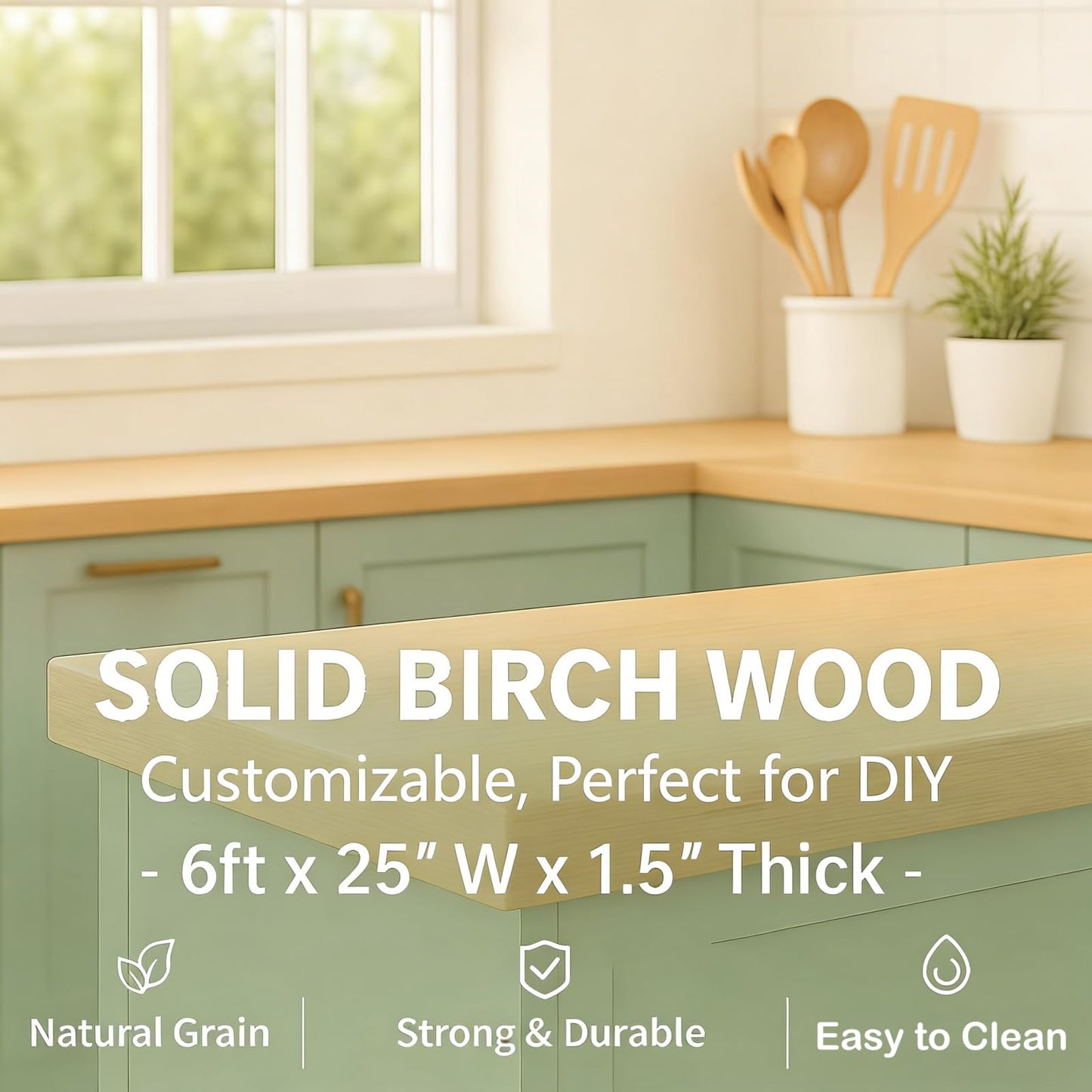 6ft Butcher Block Countertop–72" x 25" Solid Birch Wood DIY Countertop, Durable Counter Table Tops for Kitchen Island, Bar, Workshop, Laundry Counters Dining Room Tables 1.5" Thick Unfinished
