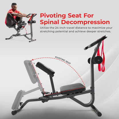 Sunny Health & Fitness Full Body Stretch Machine, Versatile Padded Trainer Back Stretcher, Stretching Equipment with Pivoting Seat, Self-Leveling Pedals, and Multi-Use Handlebar - SF-BH621002