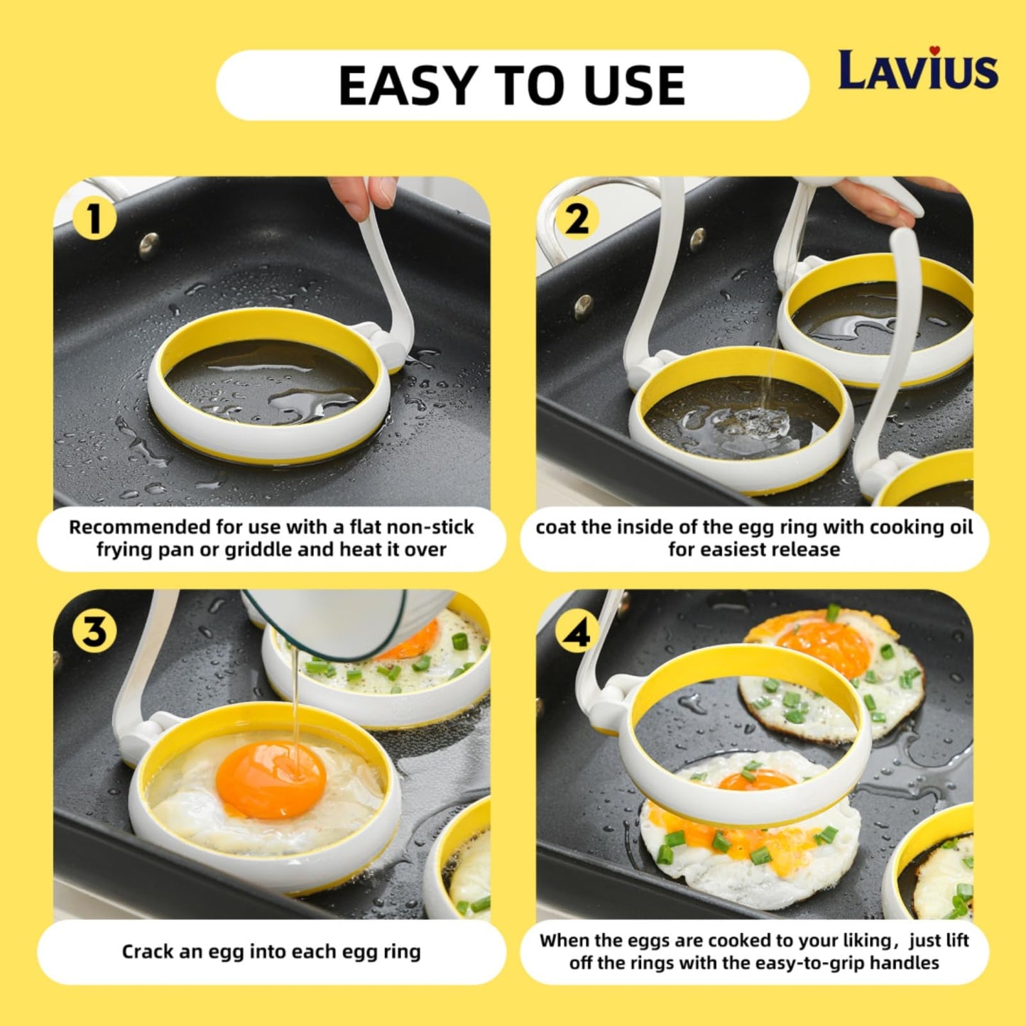 Lavius Silicone Egg Rings Set with Folding Handle, 4-Pack Non-Stick Round Egg Cooker Ring，Egg Mold for Cooking Breakfast Sandwiches, Egg Mcmuffins, Pancake, Grill Accessories Egg Forms for Frying Egg
