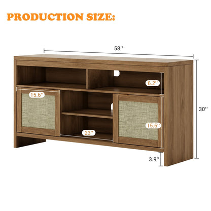 GarveeHome Boho TV Stand for TV Up to 65 in,58" Modern Rattan Entertainment Center with Storage and Adjustable Shelves,Wooden TV Console Cabinet with Doors for Living Room/Bedroom/Farmhouse(Brown)