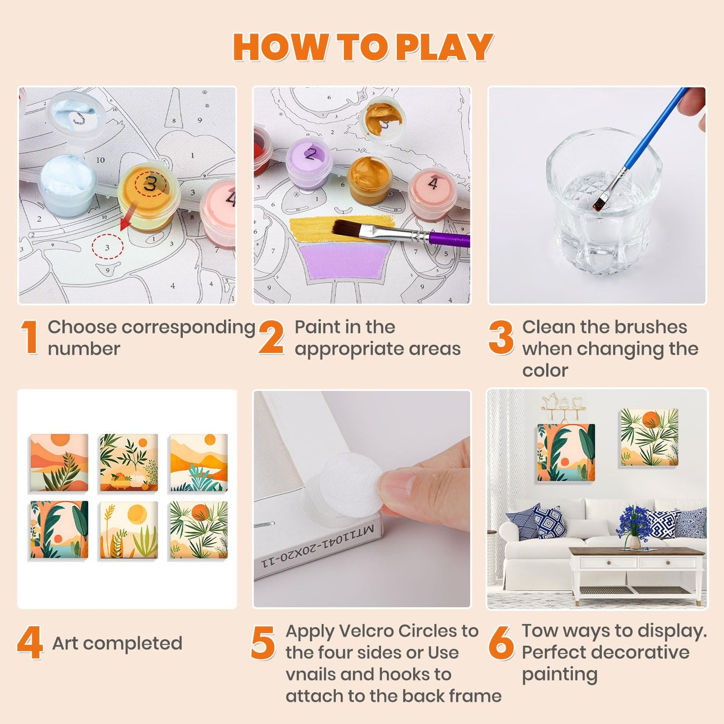 Bowetile 6 Pack Framed Paint by Numbers Kit for Adults Beginner, Landscape Adults' Paint-by-Number Kits on Canvas, Easy Acrylic Number Painting Kits for Adults Home Decor Gifts, 8x8in