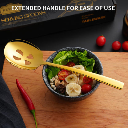 Keyoxy 6 Piece Stainless Steel Serving Spoons Set - 3 Large, 3 Slotted, 9.2-Inch, Dishwasher Safe, for Parties/Kitchen/Buffet/Catering,Gold