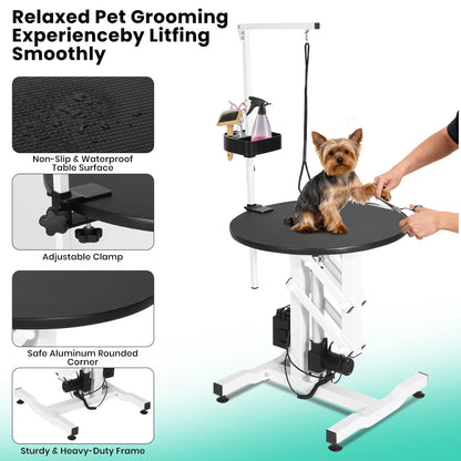 Garvee 24 Inch Electric Hydraulic Lift Pet Dog Grooming Table, Rotating Grooming Desktop for Small Pet, with Overhead Arm, Foot Remote, Tool Organizer, Capacity 250LBS