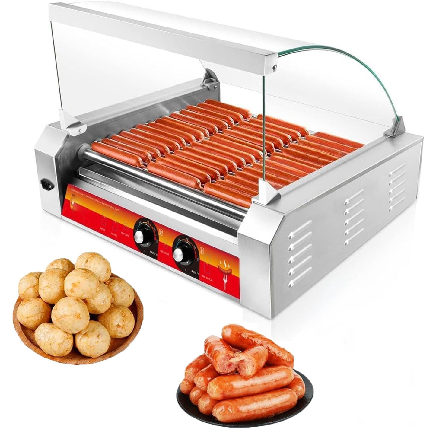 1700W Hot Dog Rollers,30 Hot Dog Capacity 11 Non-Stick Stainless Steel Rollers,Hot Dog Machine with Dust Cover,Hot Dog Roller Machine with Dual Temp Control and Led Light/Detachable Drip Tray (White)