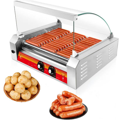 1700W Hot Dog Rollers,30 Hot Dog Capacity 11 Non-Stick Stainless Steel Rollers,Hot Dog Machine with Dust Cover,Hot Dog Roller Machine with Dual Temp Control and Led Light/Detachable Drip Tray (White)