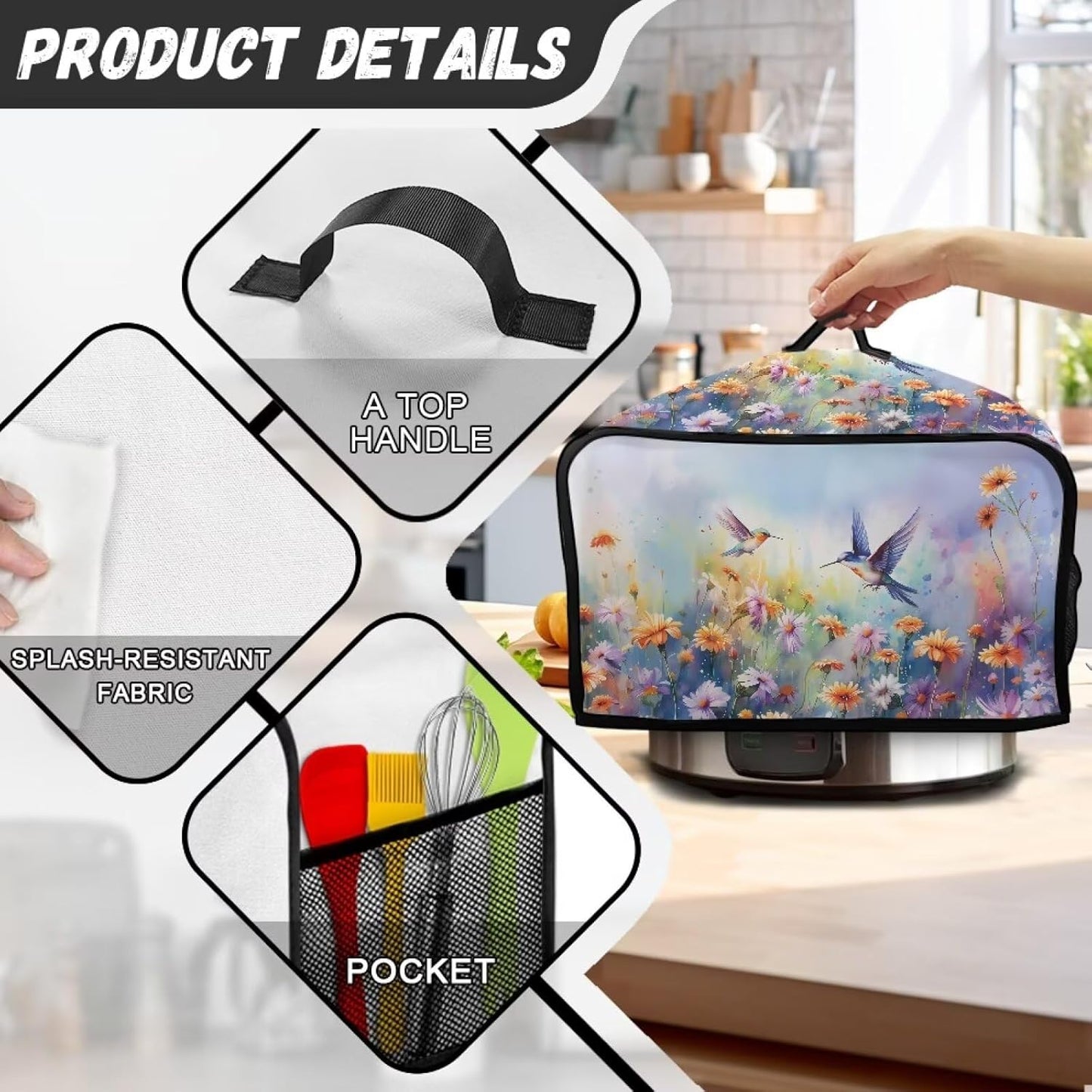 Two Hummingbirds Slow Cooker Cover, 6-8 Qt Flower Bush Dust Cover for Kitchen Small Appliance Decor