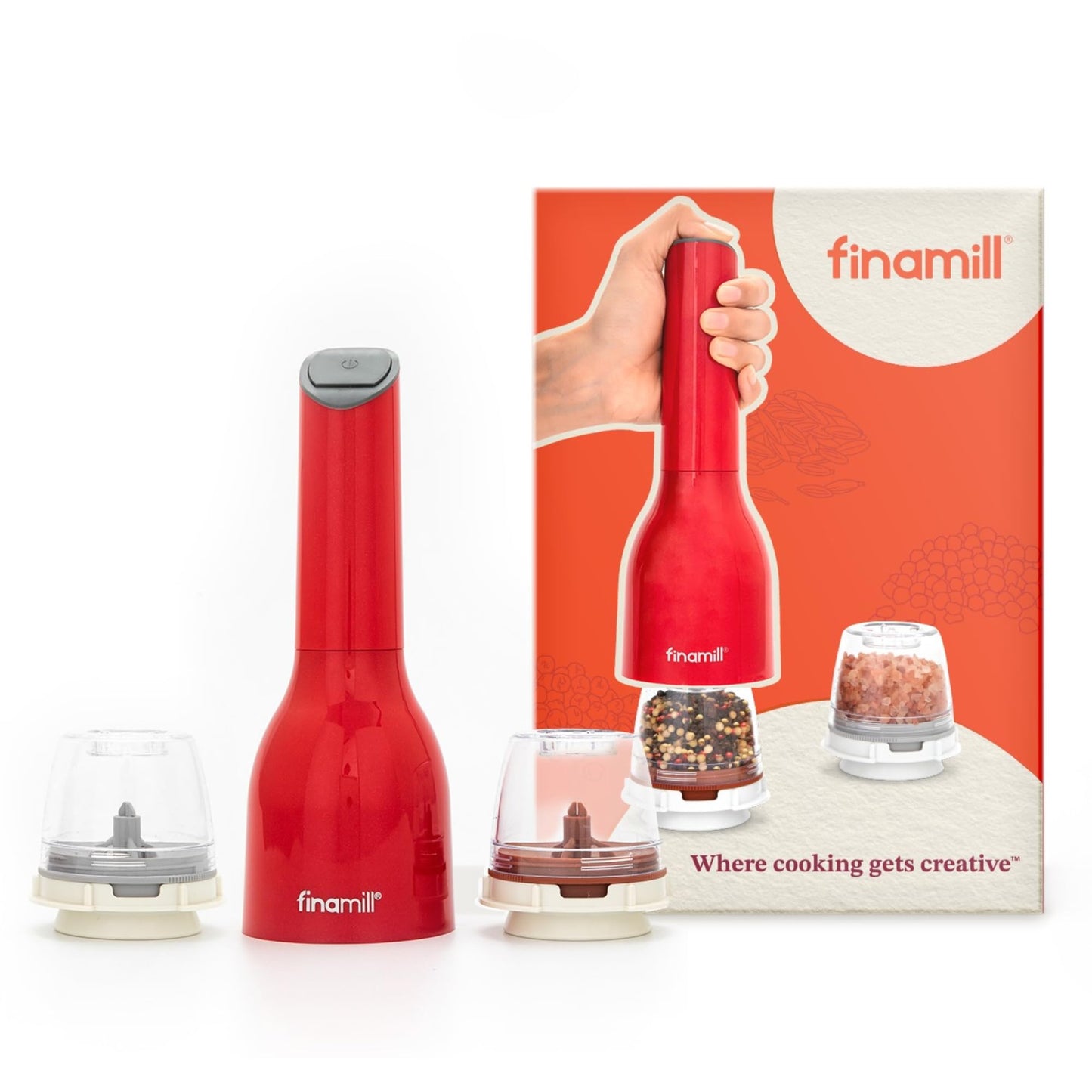 FinaMill Classic Battery Spice Mill – Battery Operated Salt and Pepper Grinder Set, Includes 2 Interchangeable Spice Pods, Adjustable Coarseness, Ceramic Grinder, LED Light, Home and Kitchen Gift Set