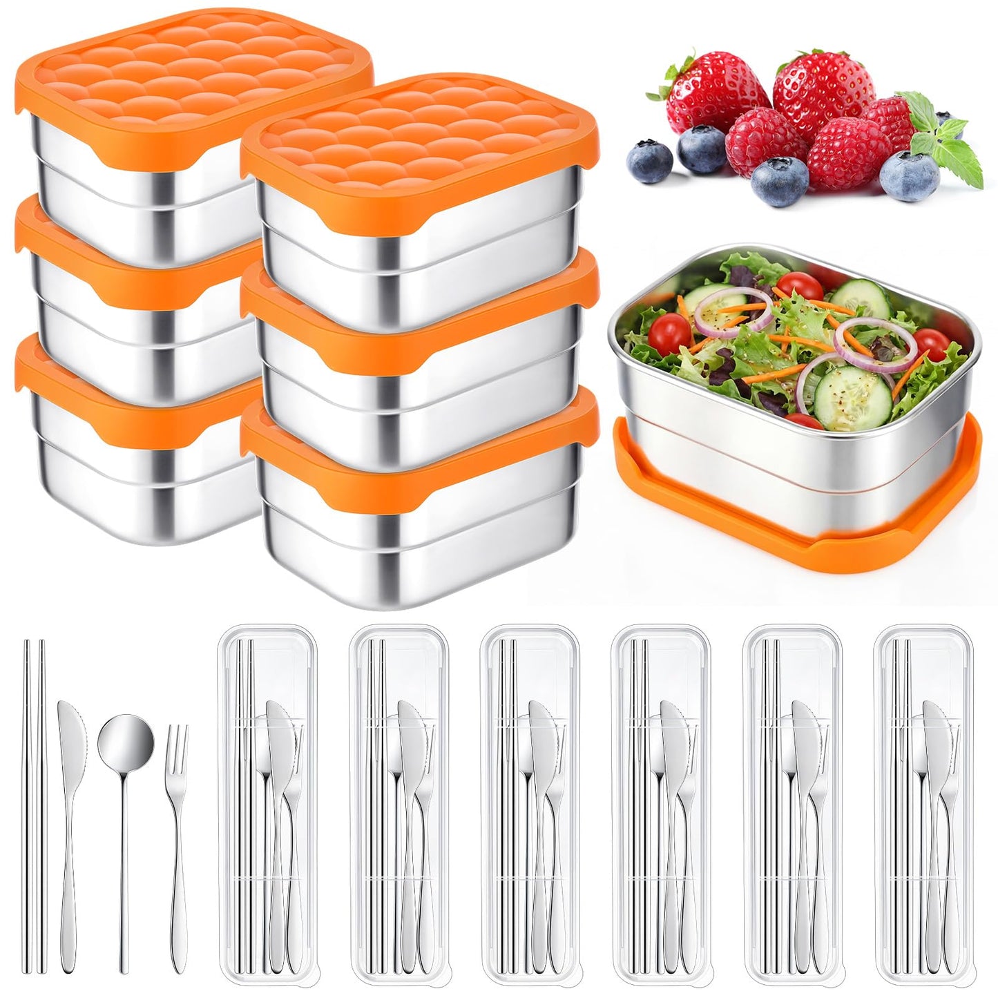 Ferrochef 36 Pcs Stainless Steel Containers with Silicone Lids 14 oz Reusable Food Snack Containers Easy Open Lunch Box Include Chopsticks Knife Fork Spoon with Case for Travel Meal Prep Food Storage