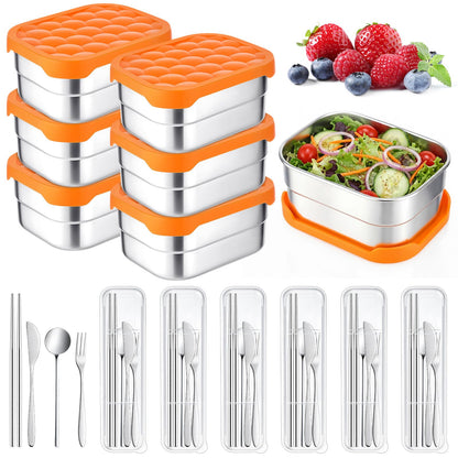 Ferrochef 36 Pcs Stainless Steel Containers with Silicone Lids 14 oz Reusable Food Snack Containers Easy Open Lunch Box Include Chopsticks Knife Fork Spoon with Case for Travel Meal Prep Food Storage