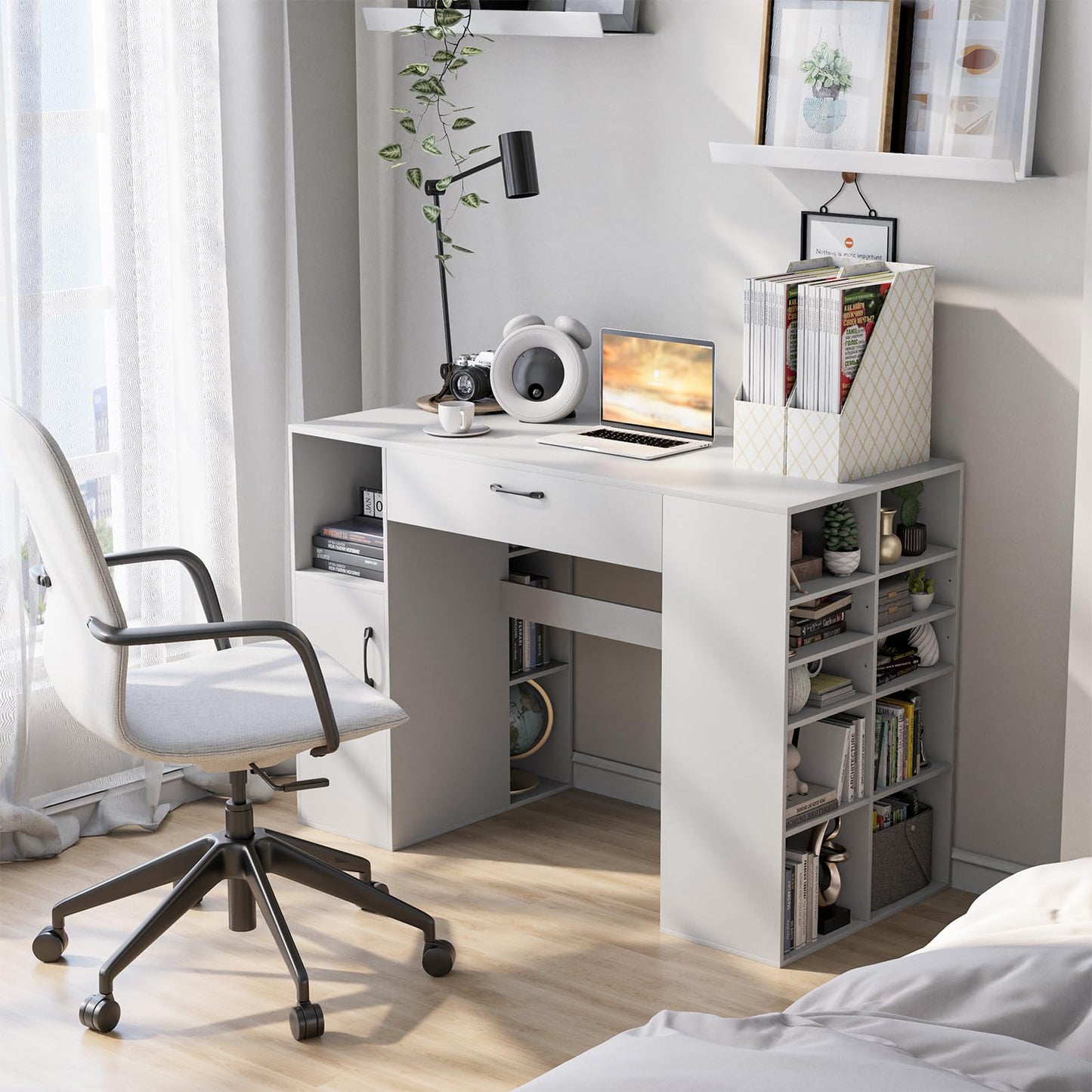 Giantex Craft Table with Storage, 53'' Artwork Sewing Table with 14 Cube Storage Shelves, Large Drawer, Cabinet with 2 Shelves, 36'' Counter Height Sewing Workstation White Drafting Writing Desk