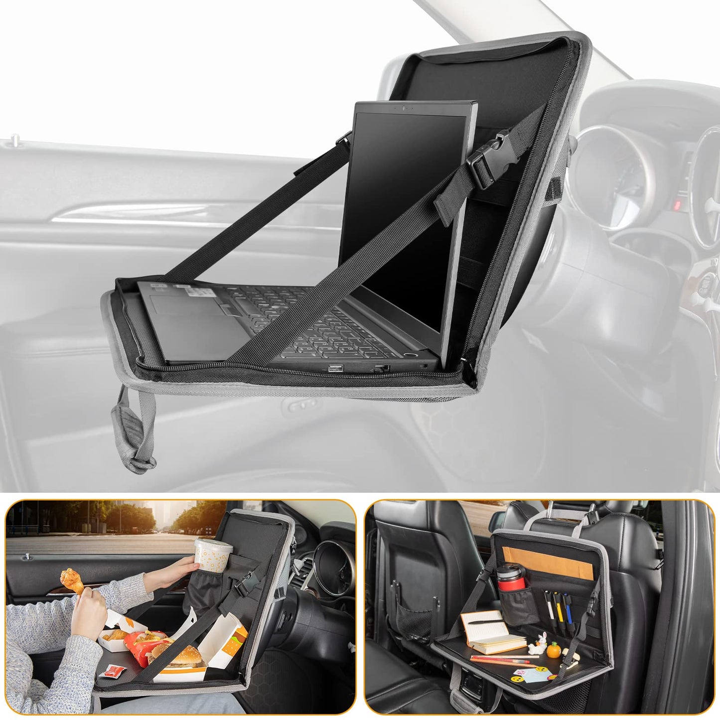 JOYTUTUS 3 in 1 Steering Wheel Eating Tray, Car Back Seat Laptop Desk, Multifunctional Office Bag, Car Work Table for Writing, Car Organizer for Kids, Commuters, Family