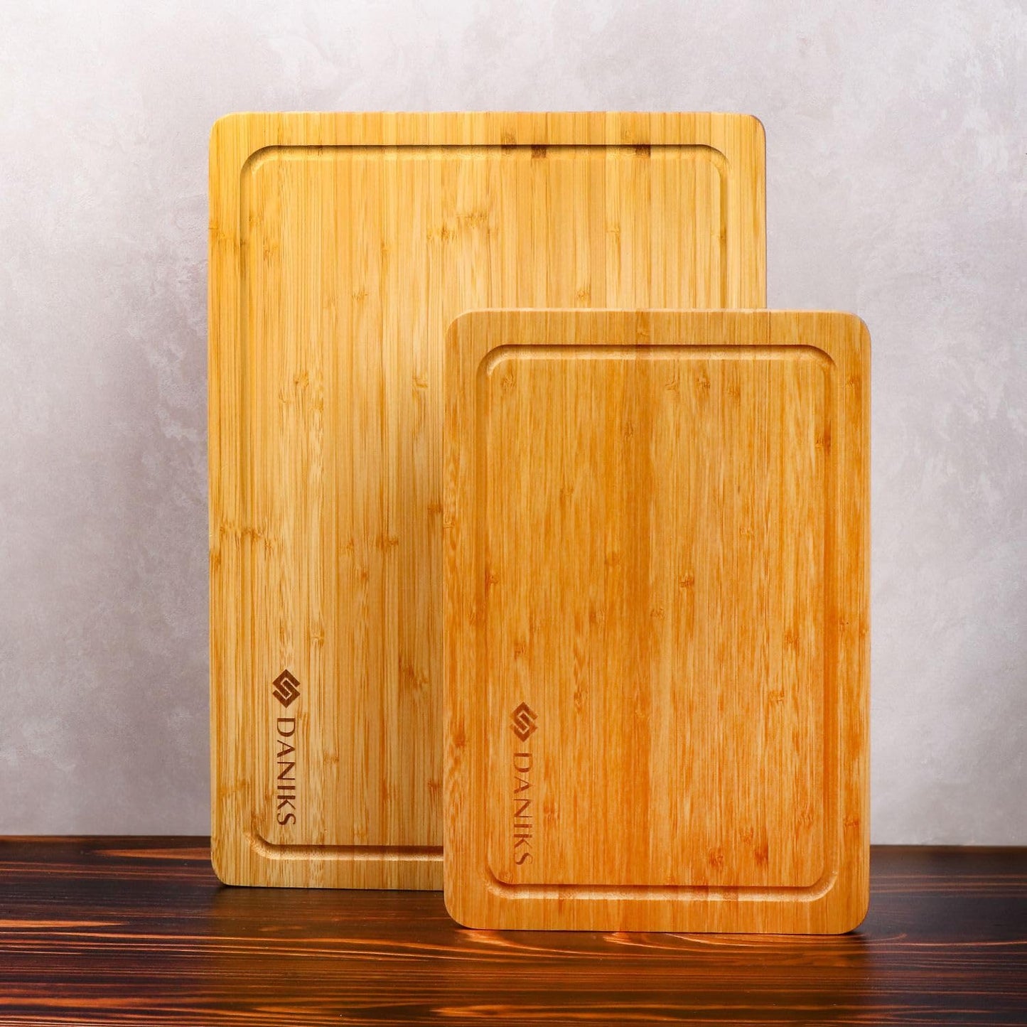 Daniks Bamboo Cutting Board Set of 2 with Juice Groove, XL 16x12 & L 13x9 in – Cutting Boards for Kitchen, Meal Prep, Serving & Charcuterie, Heavy‑Duty