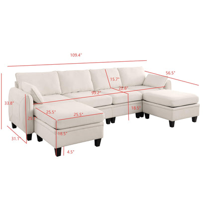 KEIKI 109 Inch Chenille Sectional Sofa Set, Modern U-Shaped Sleeper Cloud Couch with Storage Pockets & Ottoman, 6-Seater Modular Sofa Couches Bed for Apartment Living Room Lounge, Easy Assembly, Black