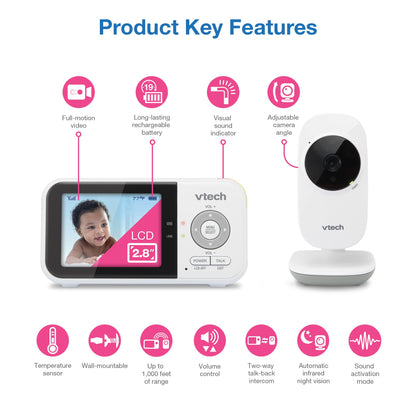 VTech VM819 Baby Monitor with Camera and Audio, 2.8” Screen Portable Baby Camera, Night Vision, 2-Way Audio, Temperature Sensor and Lullabies, Secure Transmission No WiFi, Ideal for Baby/Elderly/Pet