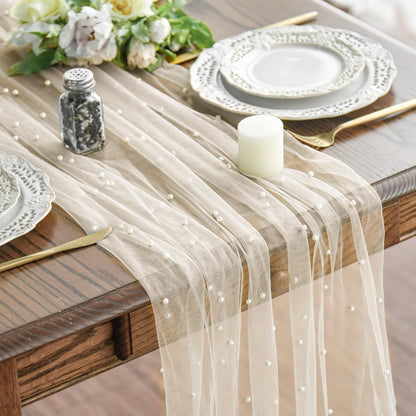 Artoid Mode 3PCS Pearl Beige Gauze Table Runner 120 Inch 10FT, Seasonal Sheer Dining Holiday Wedding Birthday Baby Shower Table Decor for Home Party