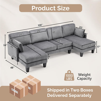 VINGLI 108" W U-Shaped Sectional Couches for Living Room, Sturdy Wooden Armrest Corduroy Cloud Couch with Double Chaise, High Support Modern 4-Seat Sectional Sofa for Apartment, Offices, Dark Grey