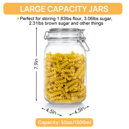 CHEFSTORY 50oz Airtight Glass Jars with Lids, 3 PCS Food Storage Canister for Kitchen & Pantry Organization, Square Mason Jar Containers for Storing Sugar, Flour, Cereal,Coffee,Cookies
