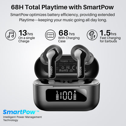 TOZO Hybrid Active Noise Cancelling Wireless Earbuds with 6 Mics AI Clear Call Ear Buds 68H Playtime with LED Display 32 Preset EQs via APP Bluetooth 5.3 IPX8 Waterproof in Ear Headphones