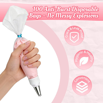 Cleangor Piping Bags and Tips Set, 16 Inch 114 Pcs Cake Decorating Kit with 100 Disposable Icing Bags, 2 Reusable Pastry Bags, 7 Stainless Steel Frosting Tips, 2 Couplers, 2 Bag Ties and 1 Brush