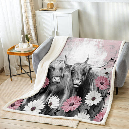 Highland Cow Blanket, 50"x60" Western Farmhouse Throw Blanket, Pink Oil Painting Sherpa Blanket for Living Room
