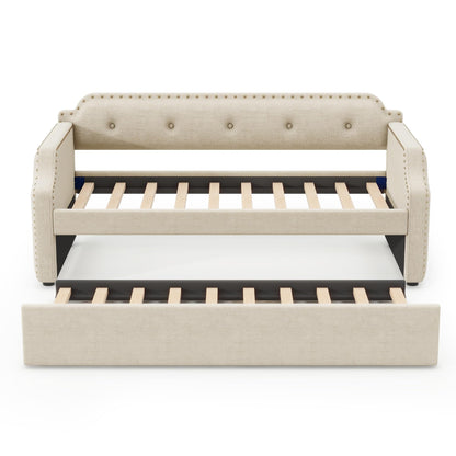 Merax Upholstered Daybed with Trundle, Wood Slat Support,Upholstered Frame Sofa Bed, Twin, Beige