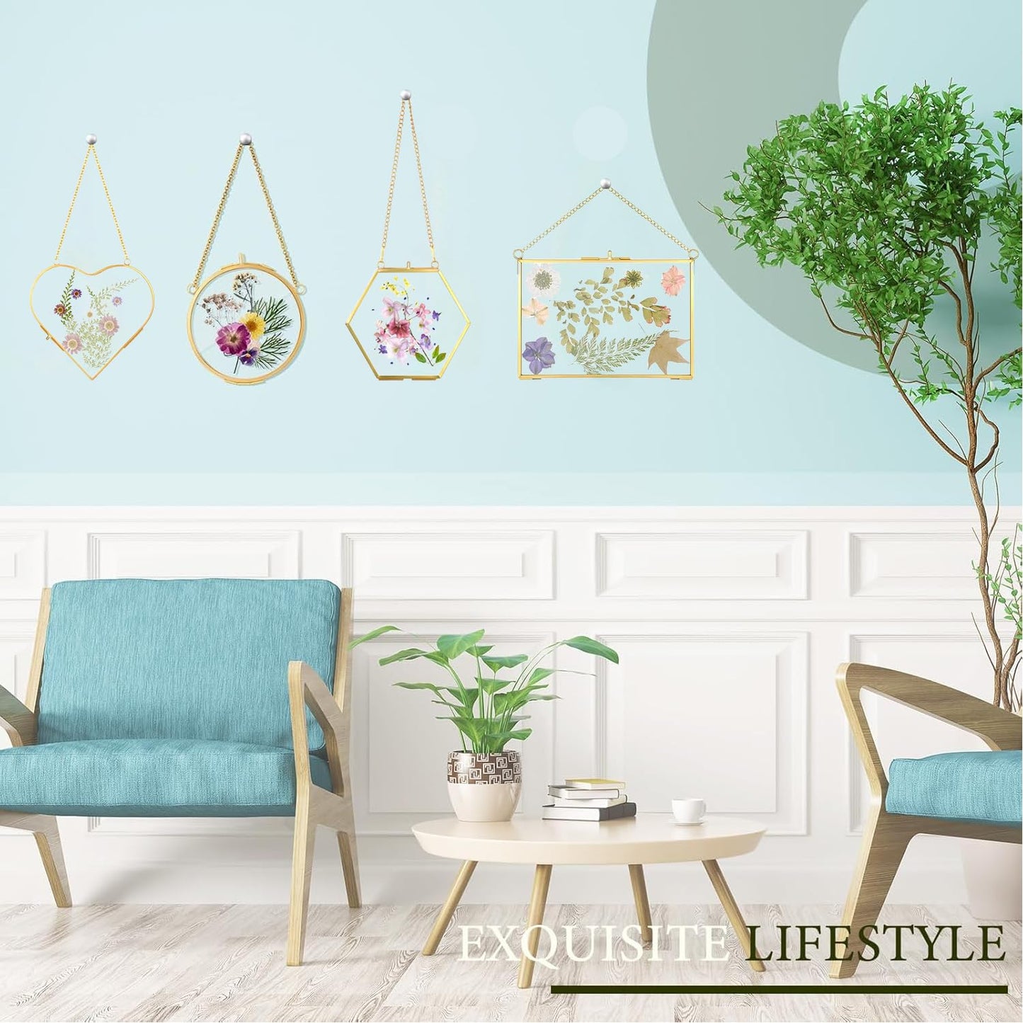 HBLEDOT Pressed Flower Frames, Wall Hanging Double Glass Picture Frames with Chain for Dried Flowers Plants Wall Decor,Only Frame and tweezers (Gold-6PCS)
