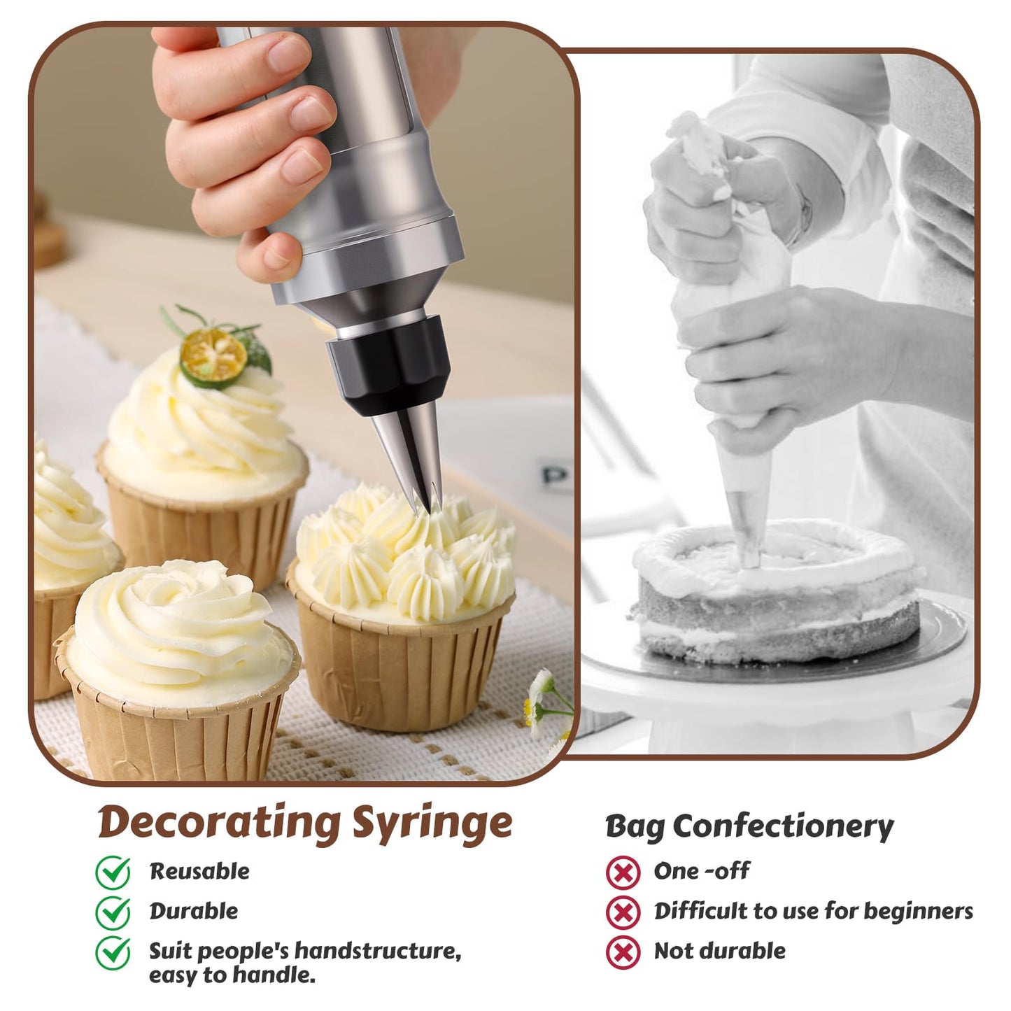 MIKESIER Dessert Decorating Syringe Set, Stainless Steel Frosting & Icing Piping Kit with 6 Tips and 9 Silicone Cupcakes,3 Cream Scraper for Cake Decorating Tools Cupcake Decorating Kit