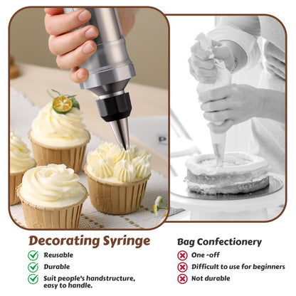 MIKESIER Dessert Decorating Syringe Set, Stainless Steel Frosting & Icing Piping Kit with 6 Tips and 9 Silicone Cupcakes,3 Cream Scraper for Cake Decorating Tools Cupcake Decorating Kit